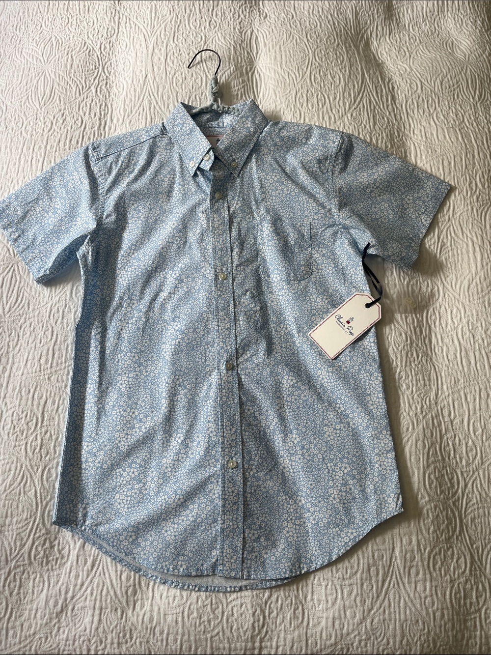 NWT Classic Prep Blue & White Floral Cotton Poplin Button Down Shirt, Size 14